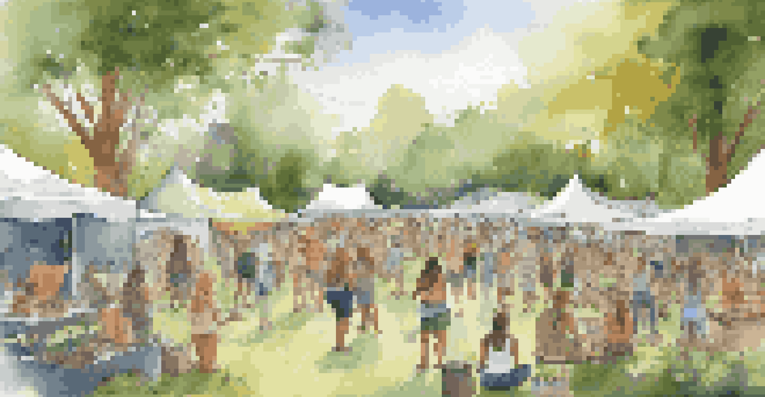 An eco-friendly music festival featuring sustainable practices, with stalls made from recycled materials and attendees doing yoga.