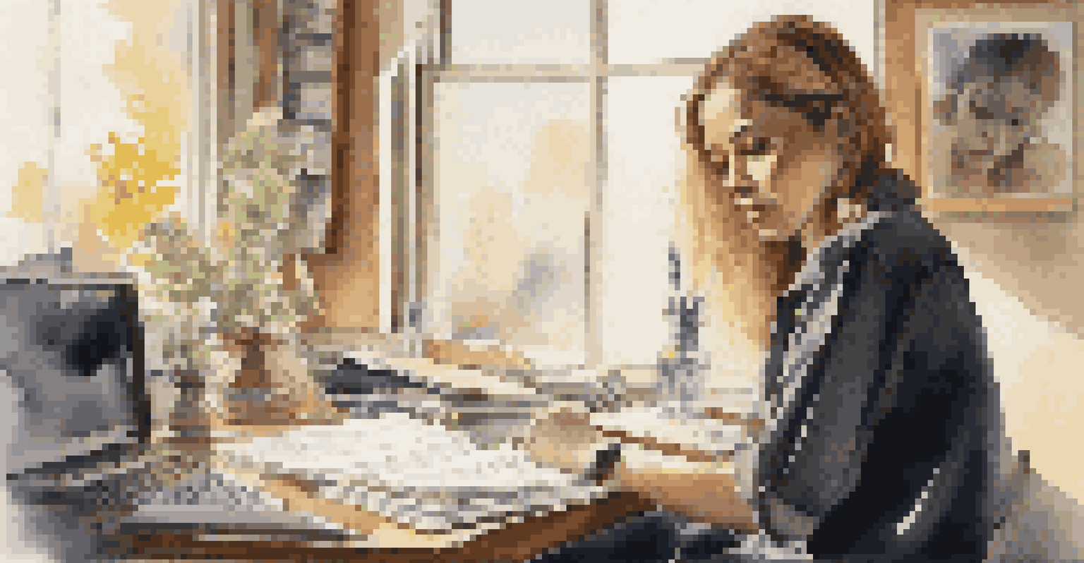 A female songwriter at her desk with notebooks and a guitar, deep in thought.