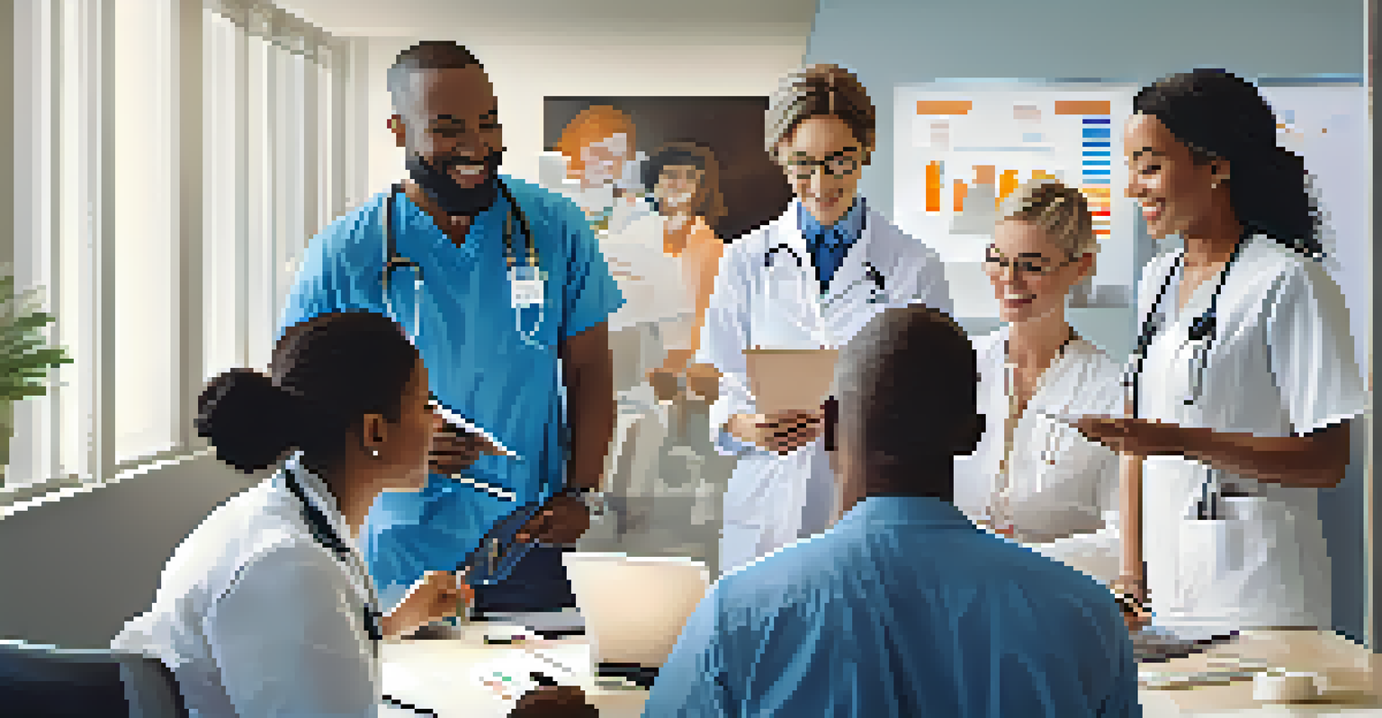 A diverse group of healthcare professionals collaborating over a patient's care plan in a modern office.