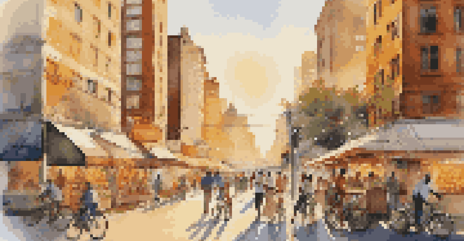 A busy city street at sunset with people, street vendors, and buildings reflecting warm sunlight.