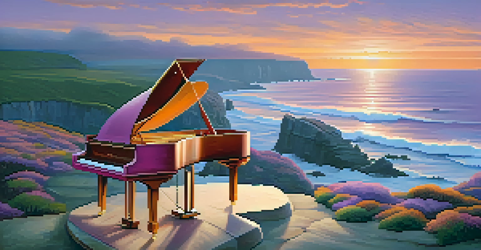 A grand piano on a cliff at sunset, overlooking the ocean with vibrant colors in the sky, symbolizing the connection of music to nature.