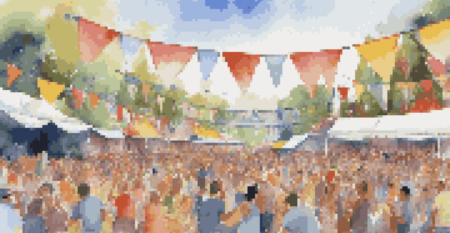 A lively outdoor summer festival with a band on stage and an engaged audience enjoying the music and dancing.