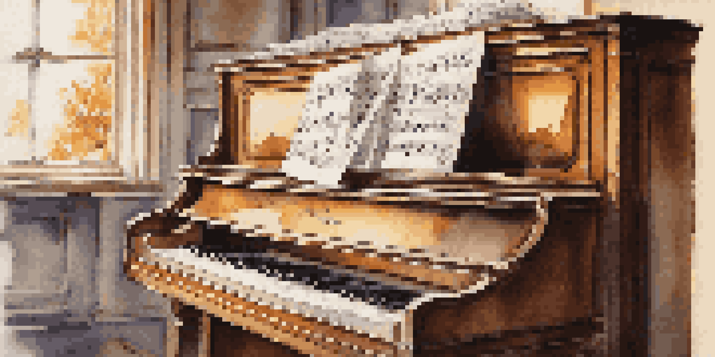 A detailed view of sheet music with musical notation, a wooden piano in the background, and a vintage metronome, all bathed in soft natural light.