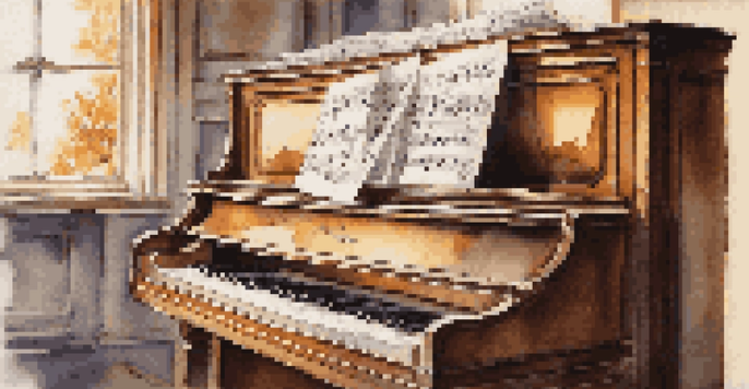 A detailed view of sheet music with musical notation, a wooden piano in the background, and a vintage metronome, all bathed in soft natural light.