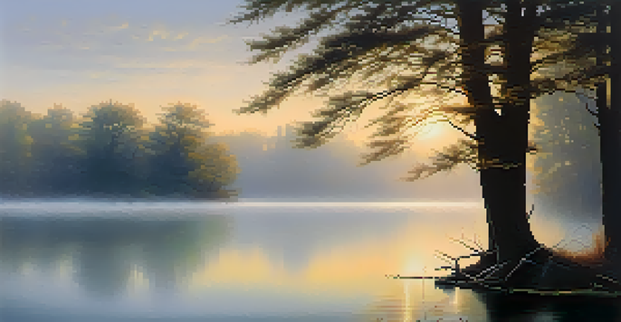 A tranquil foggy landscape at dawn with a calm lake and soft pastel colors in the sky.