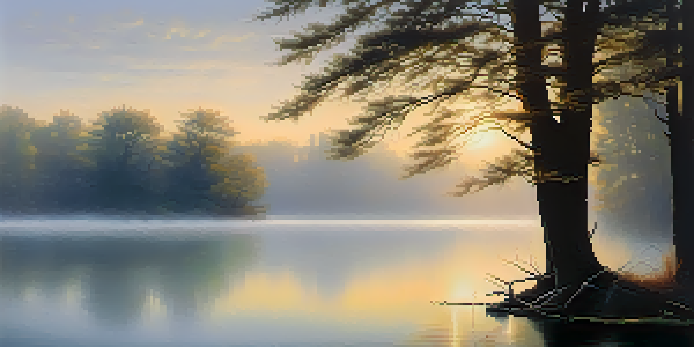 A tranquil foggy landscape at dawn with a calm lake and soft pastel colors in the sky.