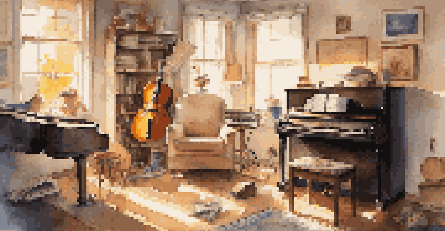 A cozy music room with various instruments and a person practicing singing.