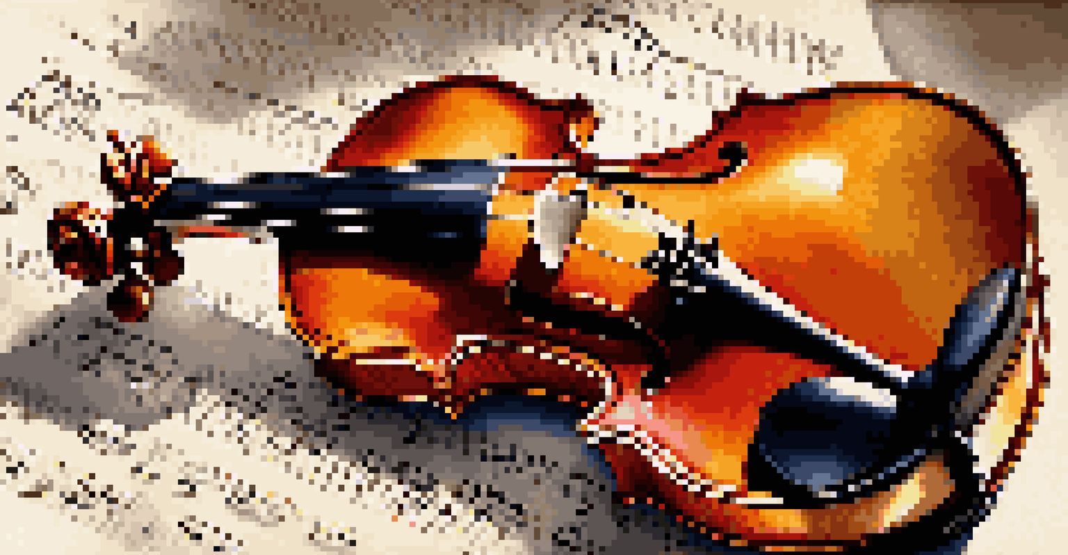 A violin on a sheet of music, illuminated by sunlight, showcasing the details of the instrument and notes.
