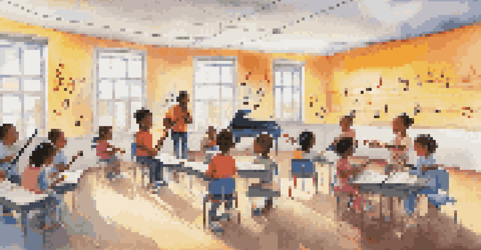 A community music education class with children learning instruments and an instructor guiding them in a colorful, bright room.