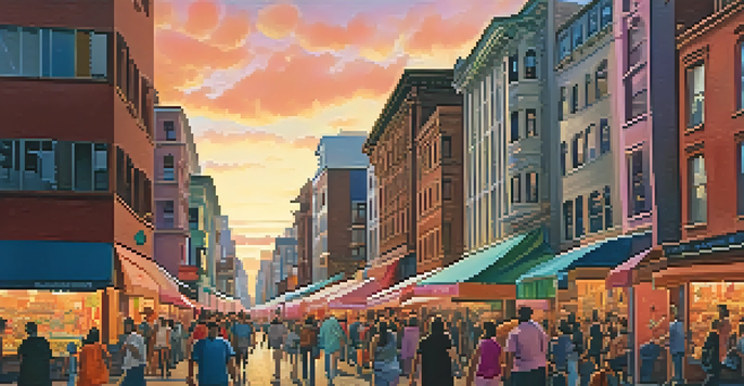 A lively city street during sunset, filled with people and vibrant colors.