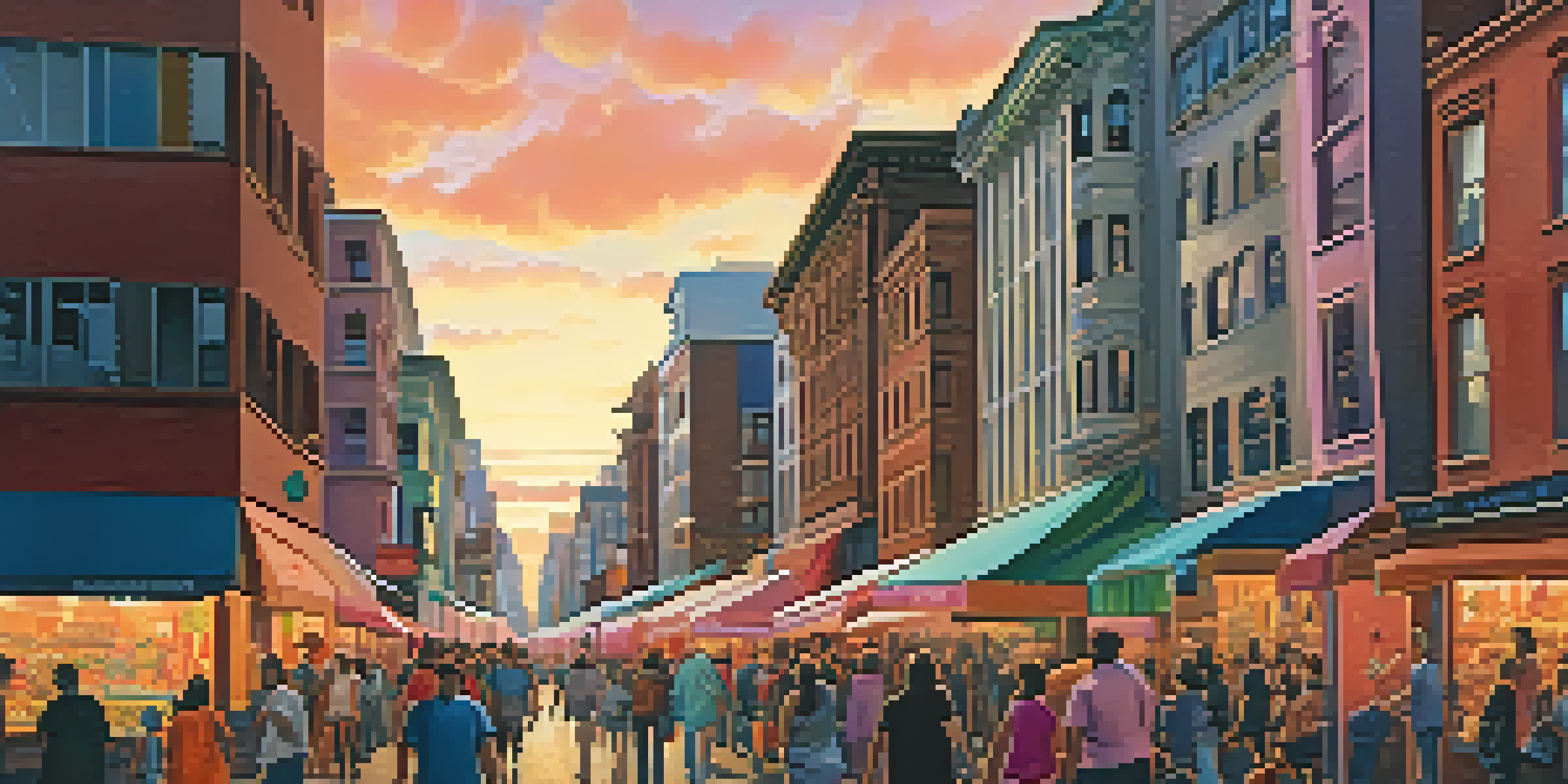 A lively city street during sunset, filled with people and vibrant colors.