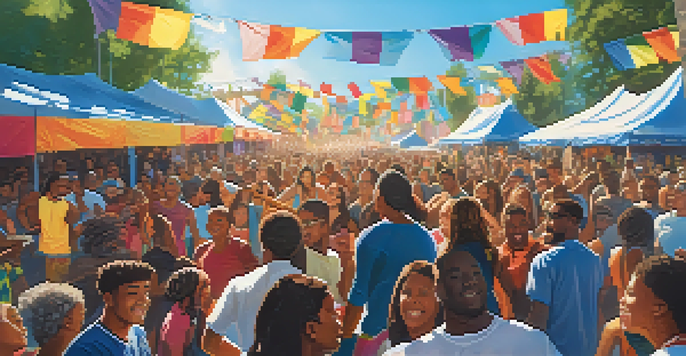 A lively outdoor music festival with diverse young people enjoying performances, colorful banners, and food stalls under a sunny sky.