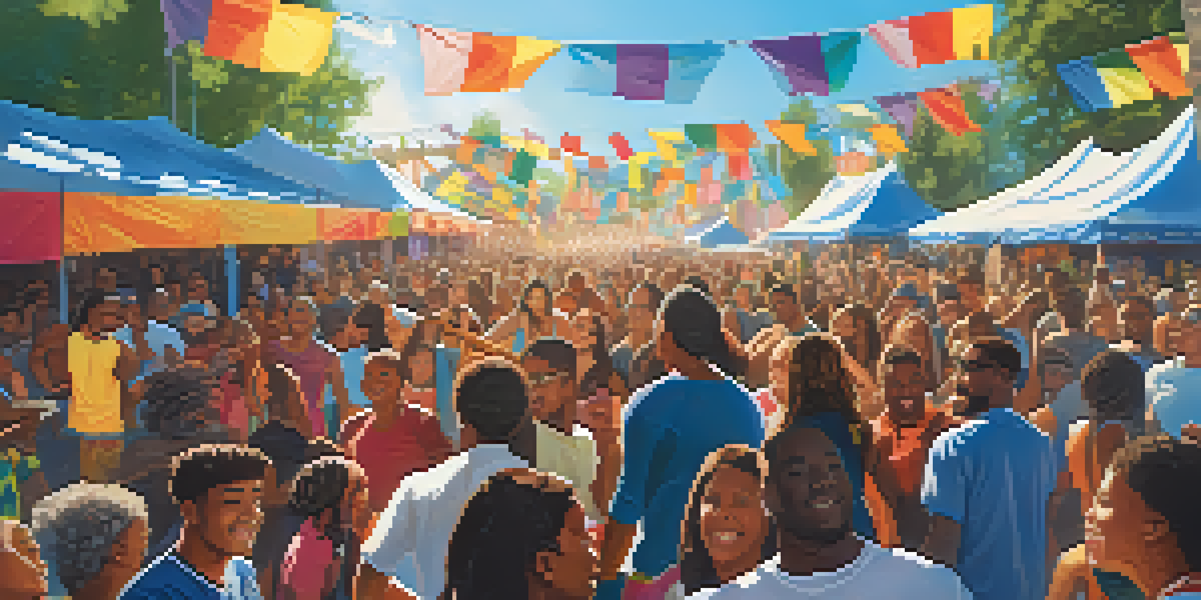 A lively outdoor music festival with diverse young people enjoying performances, colorful banners, and food stalls under a sunny sky.