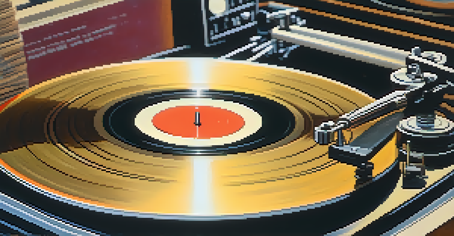 A close-up of a spinning vinyl record on a turntable with warm ambient lighting, showcasing the grooves and a hand placing the needle.