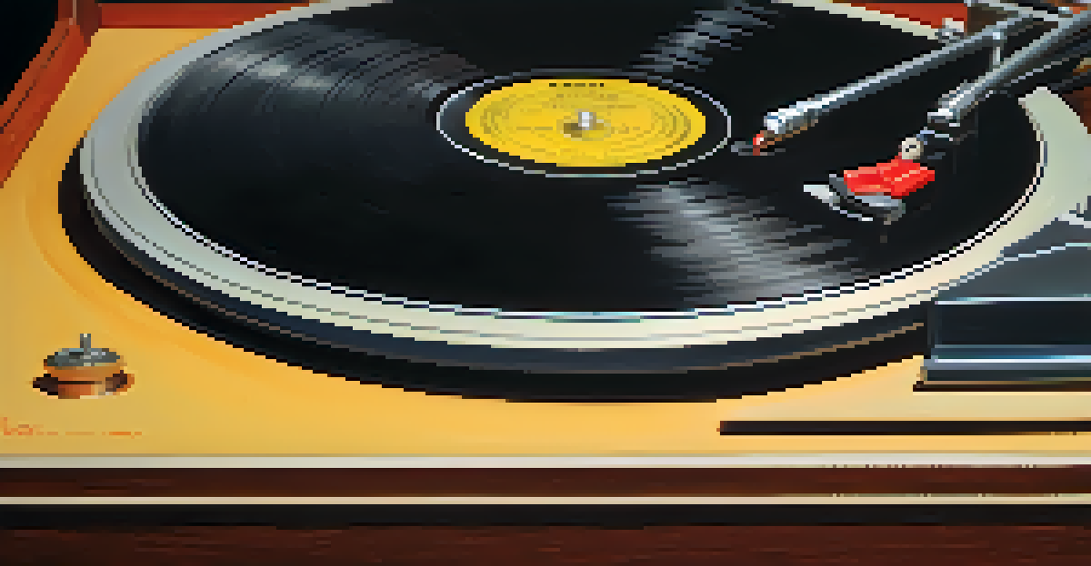 A close-up view of a vintage vinyl record player with a needle on a spinning record, illuminated by warm lighting, conveying nostalgia.
