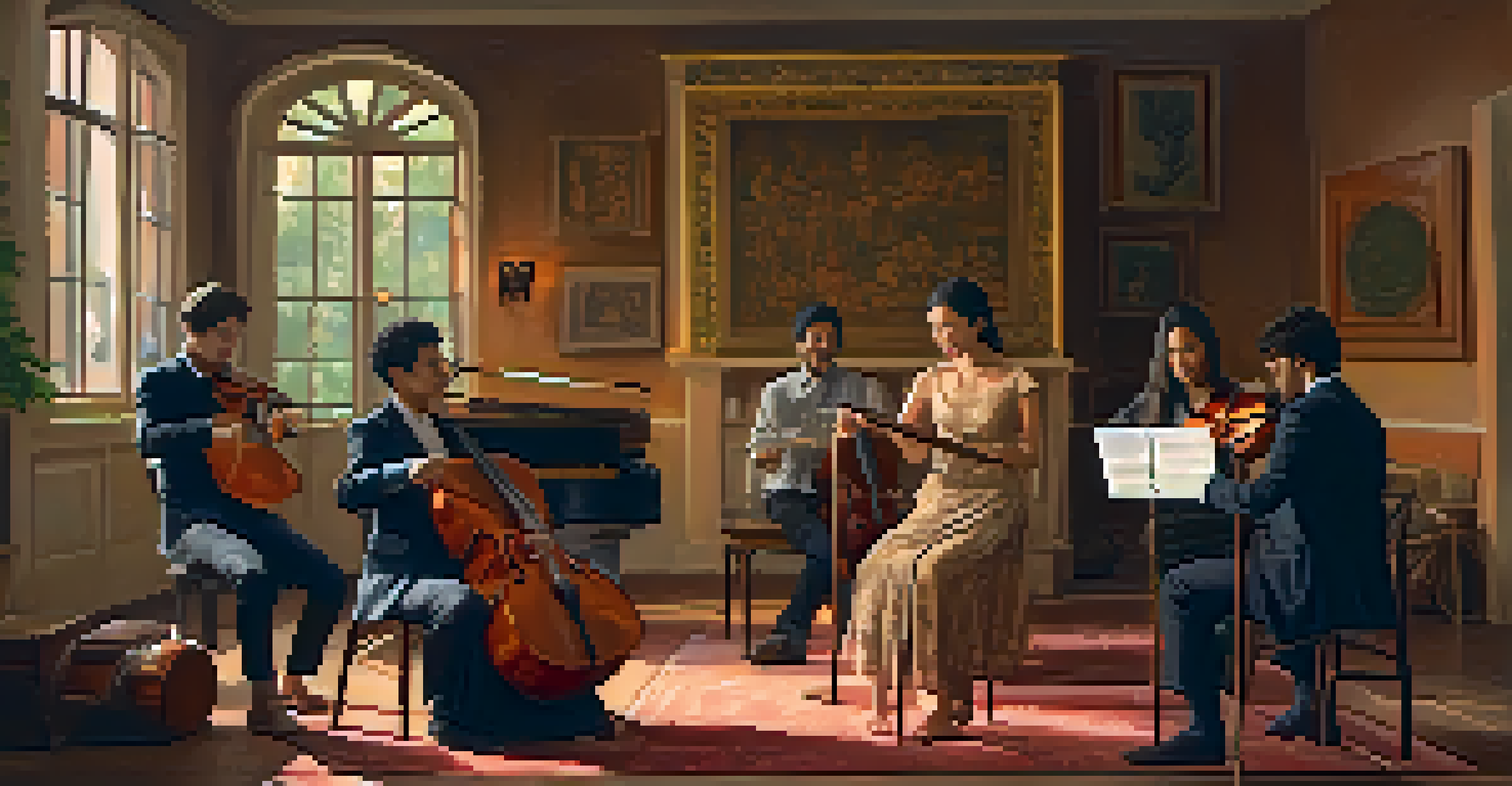 A classical musician playing cello alongside traditional folk musicians with a lute and tambourine in a warmly lit room filled with cultural artifacts.