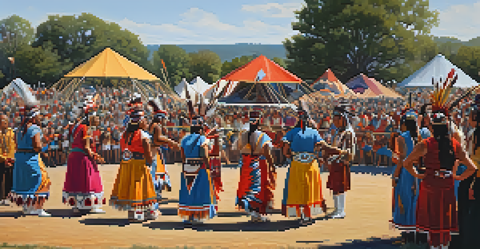 Native American dancers in colorful regalia at a powwow ceremony, surrounded by spectators, with drummers providing rhythm in an outdoor setting.