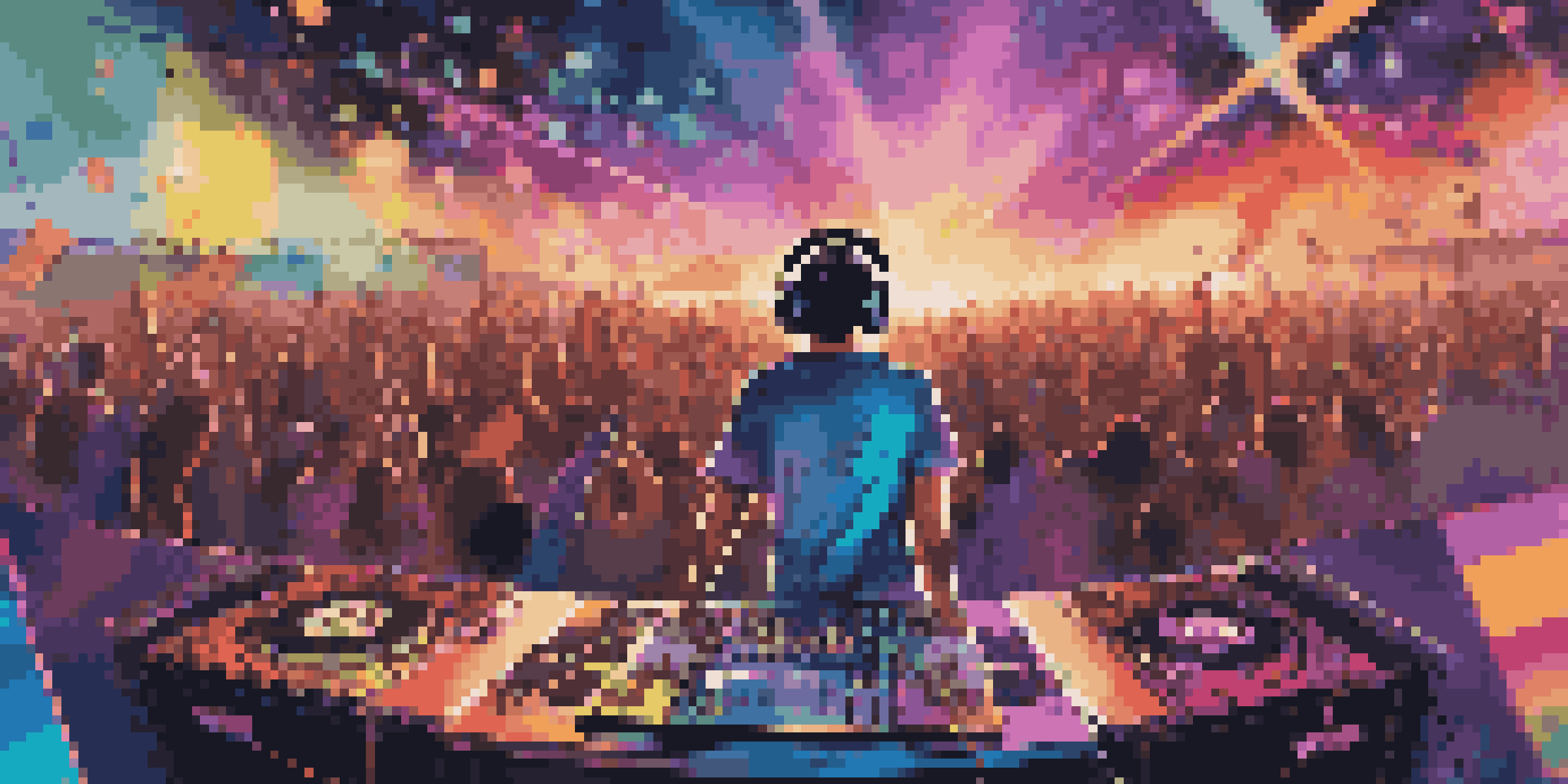 A DJ performing at a music festival with colorful lights and a dancing crowd.
