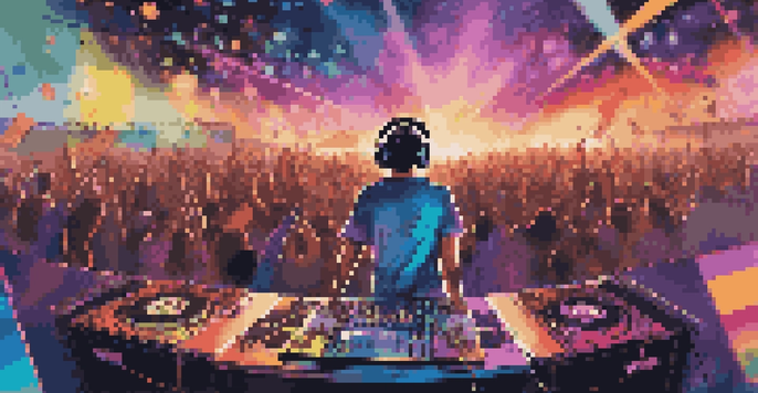 A DJ performing at a music festival with colorful lights and a dancing crowd.
