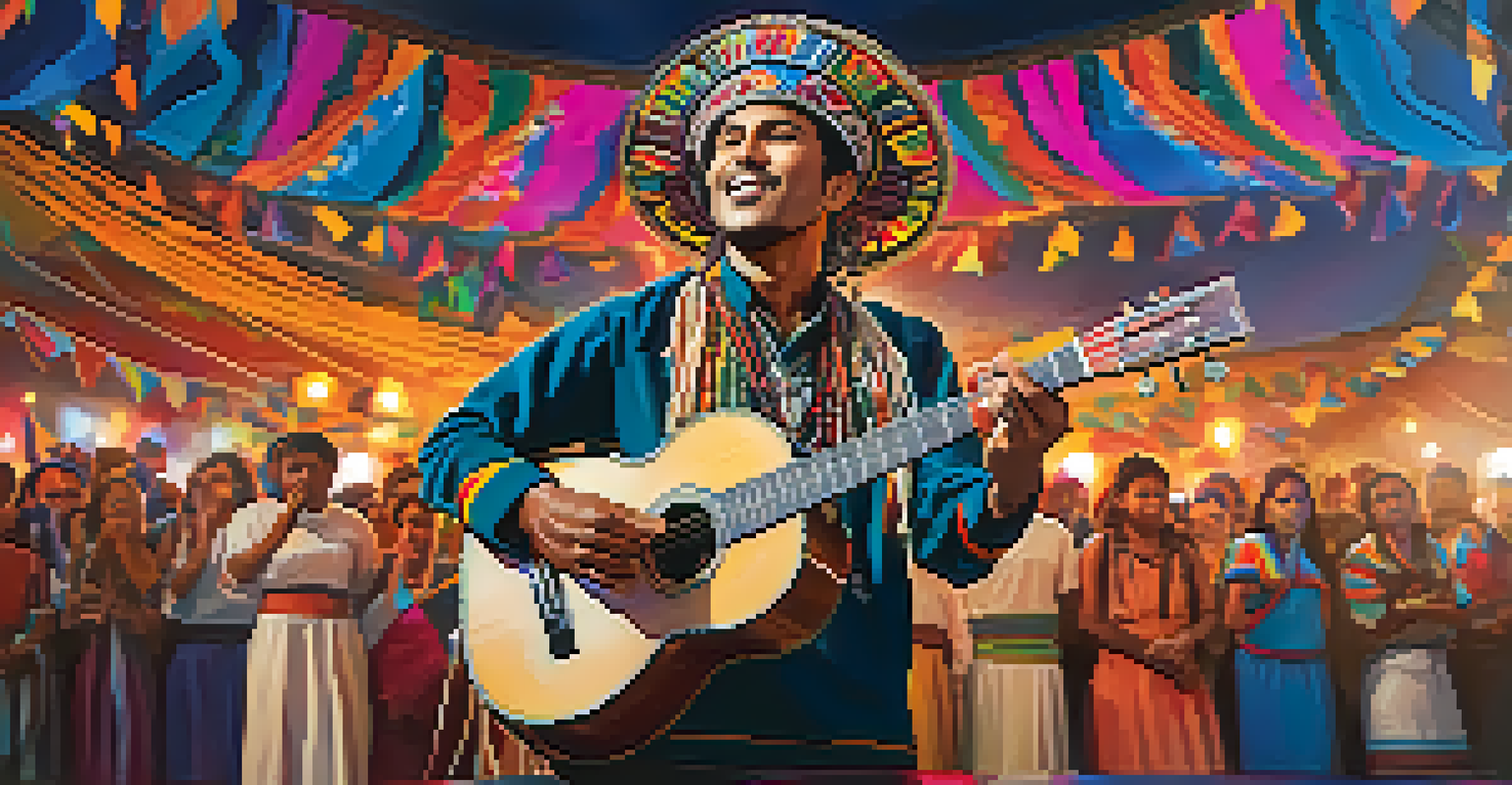 A modern Indigenous musician performing at a cultural festival, showcasing a blend of traditional and contemporary styles with a vibrant audience in the background.