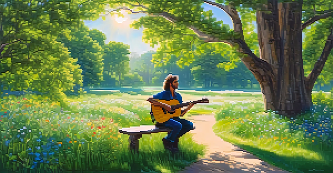 A musician playing an acoustic guitar in a lush green park surrounded by wildflowers and tall trees, under a clear blue sky.
