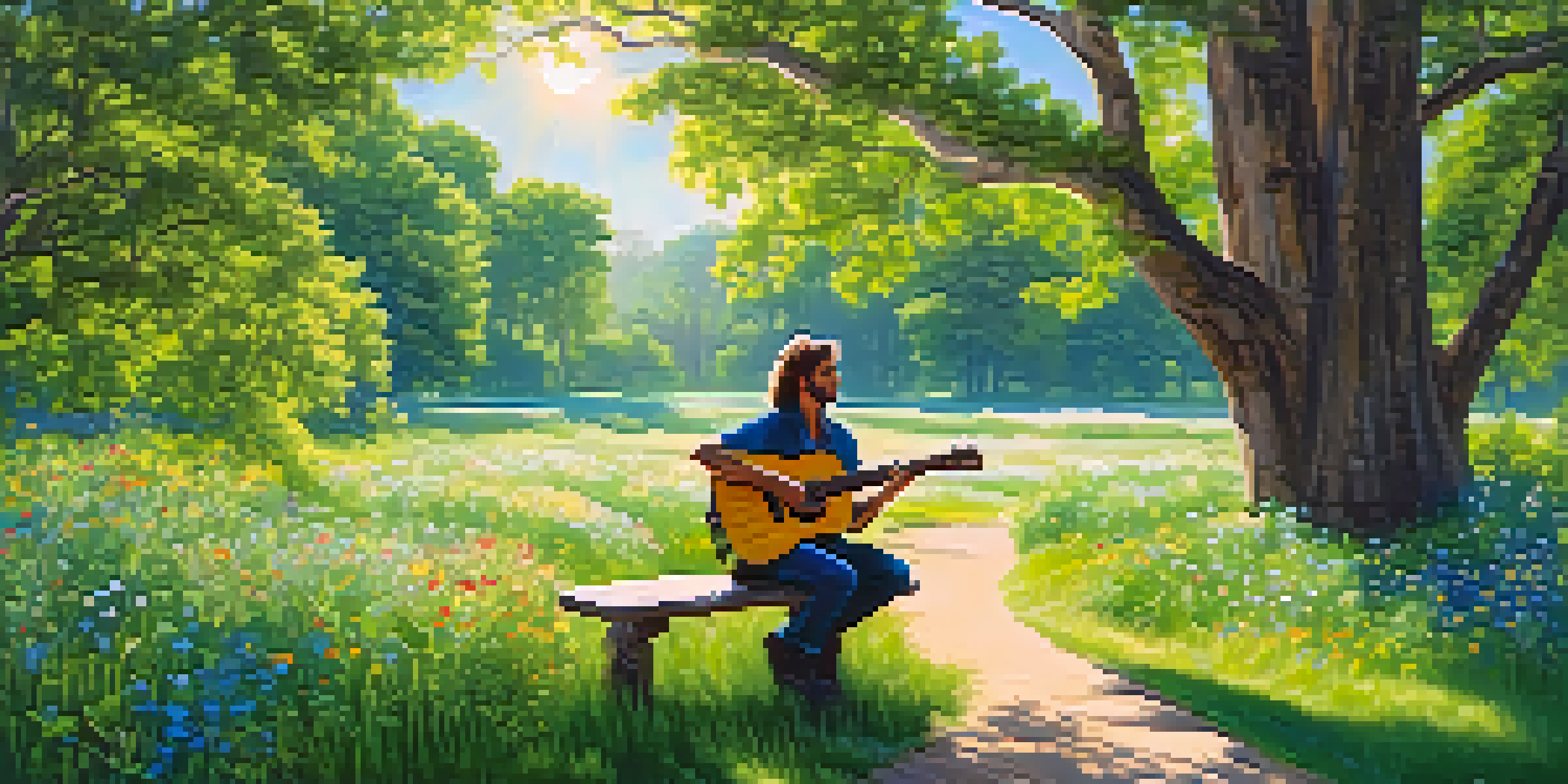 A musician playing an acoustic guitar in a lush green park surrounded by wildflowers and tall trees, under a clear blue sky.