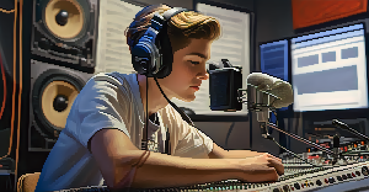 A young volunteer adjusting a microphone in a community radio station, surrounded by sound equipment and vinyl records, in a softly lit environment.