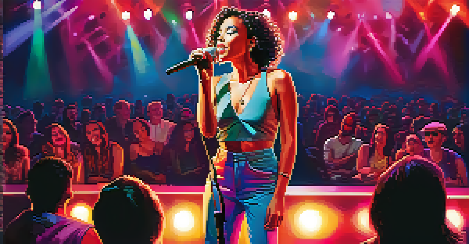 A female artist confidently performing on stage with bright lights and an engaged audience.