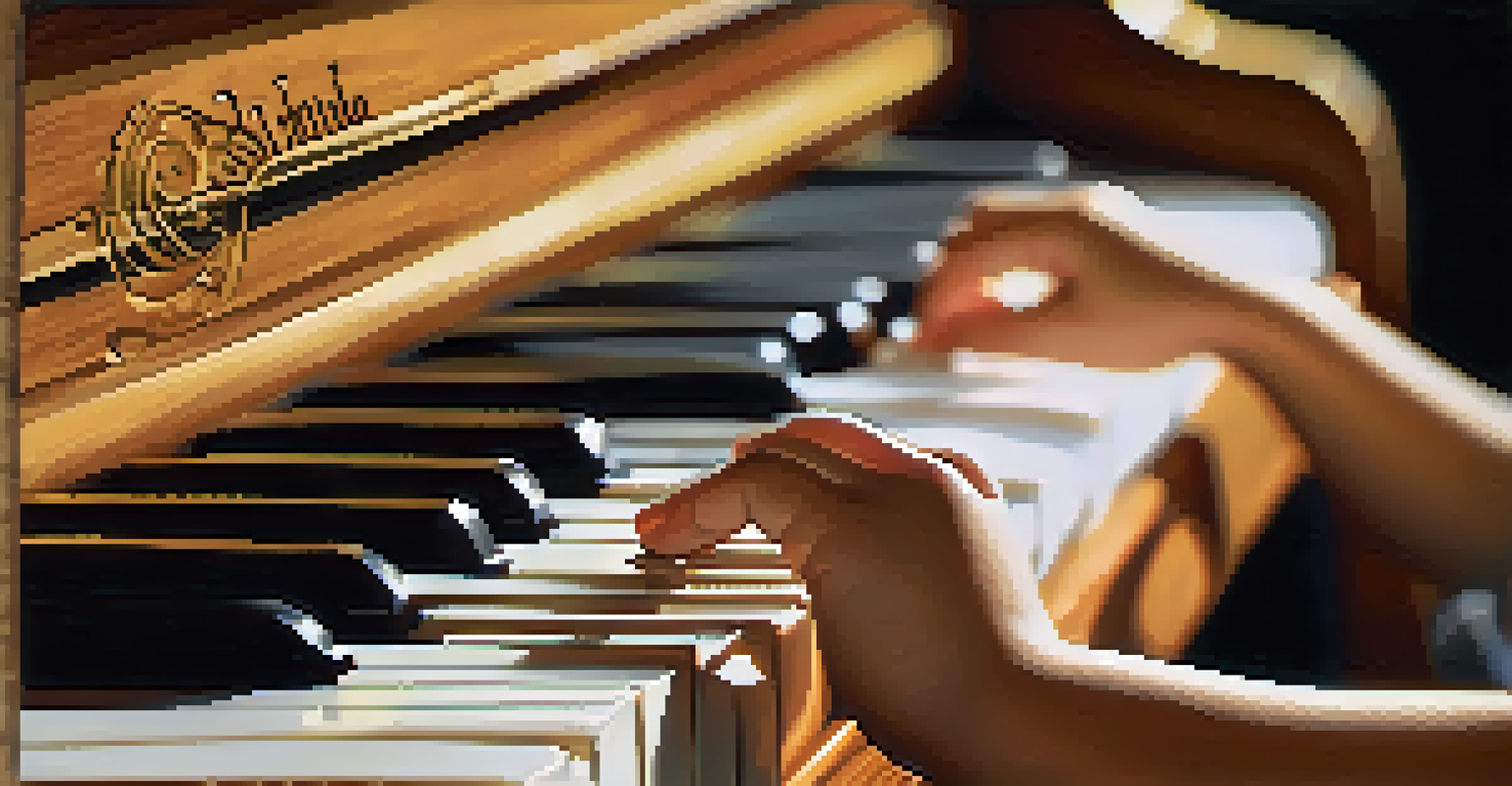 Close-up of a child's hands on piano keys, showing their focused expression and the warm wooden texture of the piano in soft lighting.
