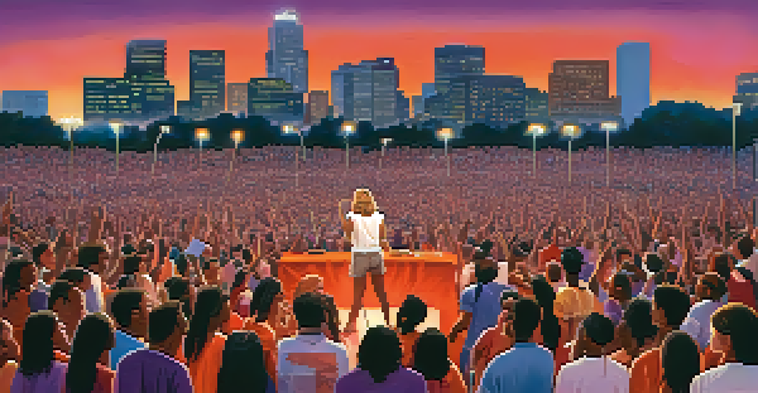 An artist performing at an outdoor concert at sunset, with a crowd holding signs advocating for change and a colorful sky in the background.