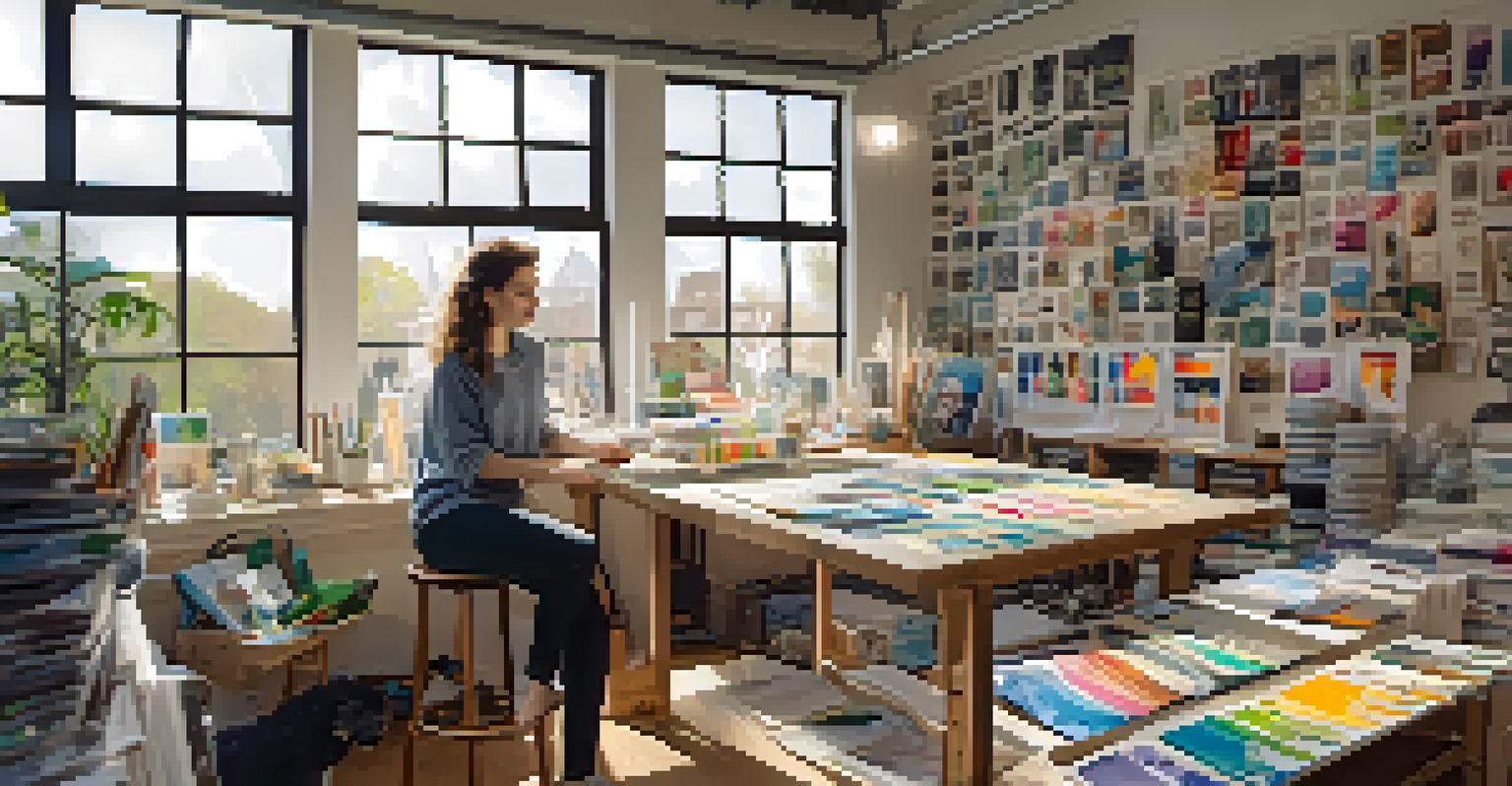 An artist working in a studio on eco-friendly merchandise designs, with sketches and fabric samples around.