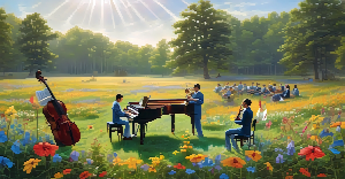 An outdoor orchestra playing in a lush green field with bright wildflowers and sunlight filtering through the trees.