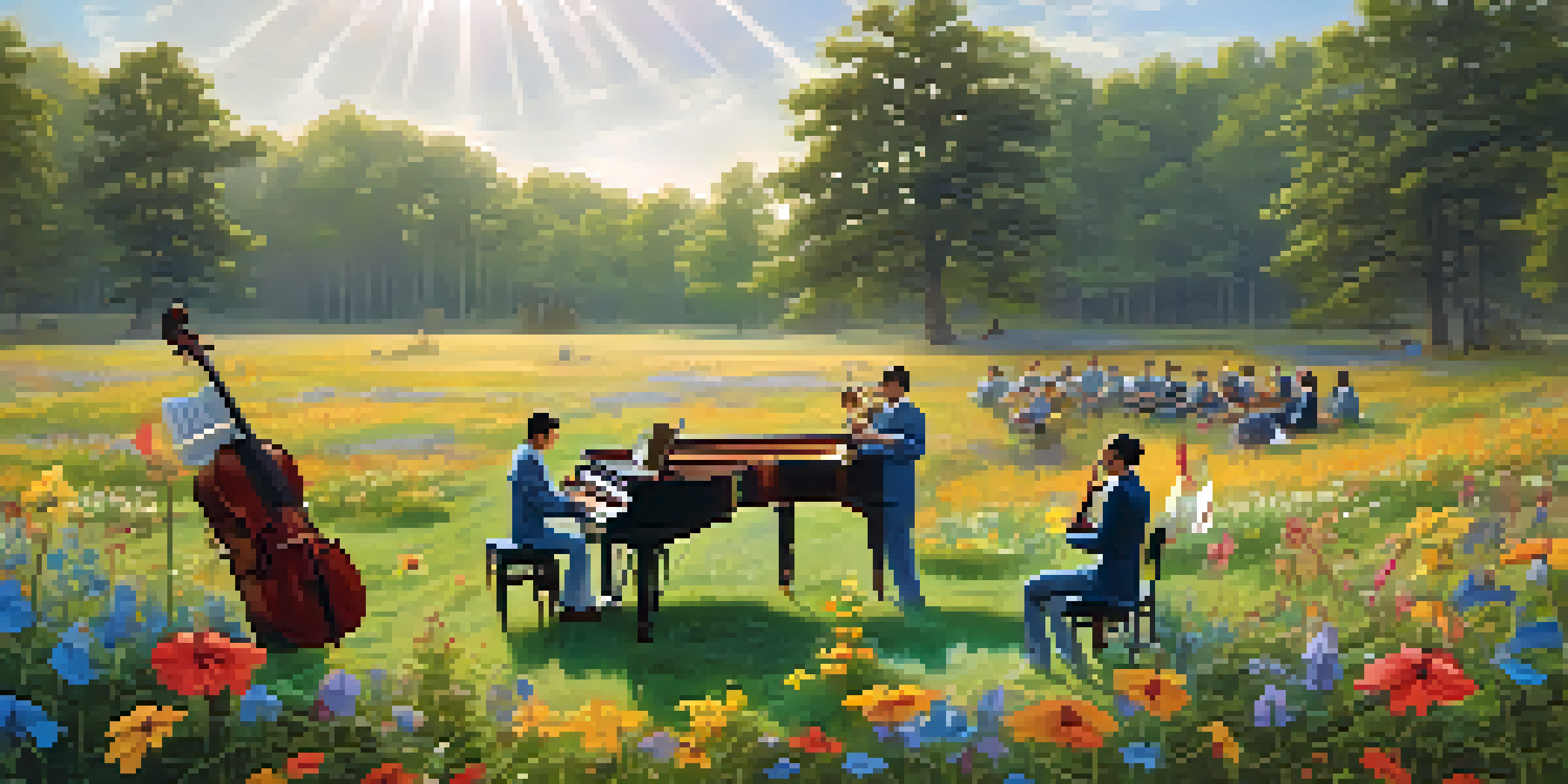 An outdoor orchestra playing in a lush green field with bright wildflowers and sunlight filtering through the trees.