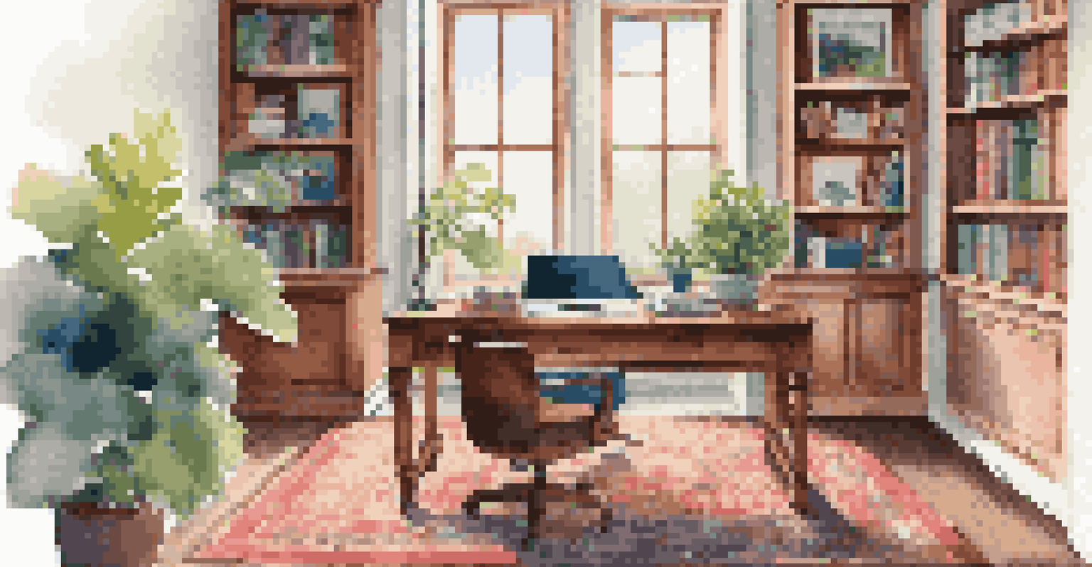 A stylish home office with a wooden desk, ergonomic chair, and bookshelves filled with books.