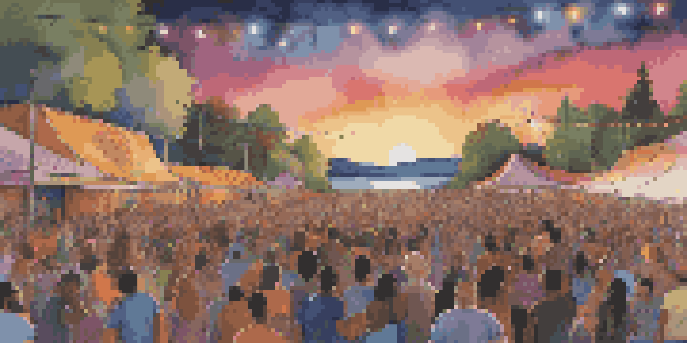 A lively outdoor music festival with artists from different genres performing on stage, colorful lights, and a diverse crowd enjoying the show during sunset.