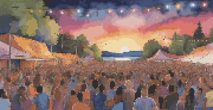 A lively outdoor music festival with artists from different genres performing on stage, colorful lights, and a diverse crowd enjoying the show during sunset.