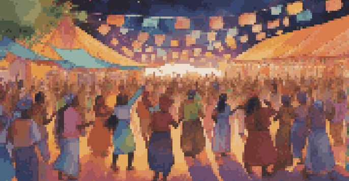A lively music festival with a diverse crowd celebrating, featuring people in traditional and modern clothing, colorful lights, and a stage with performers.