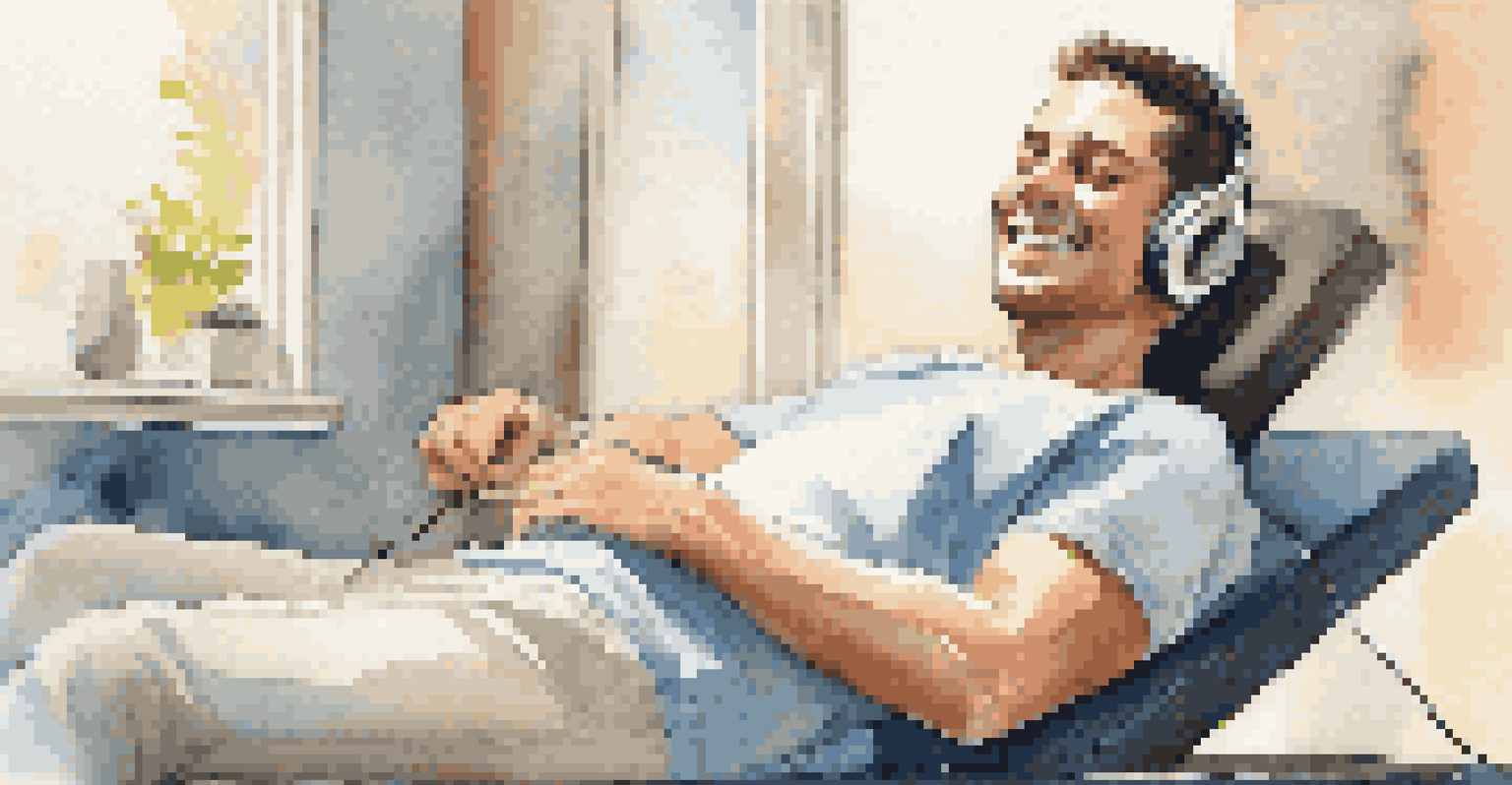 An athlete relaxing on a therapy table in a calming rehabilitation room, listening to soothing music through headphones.