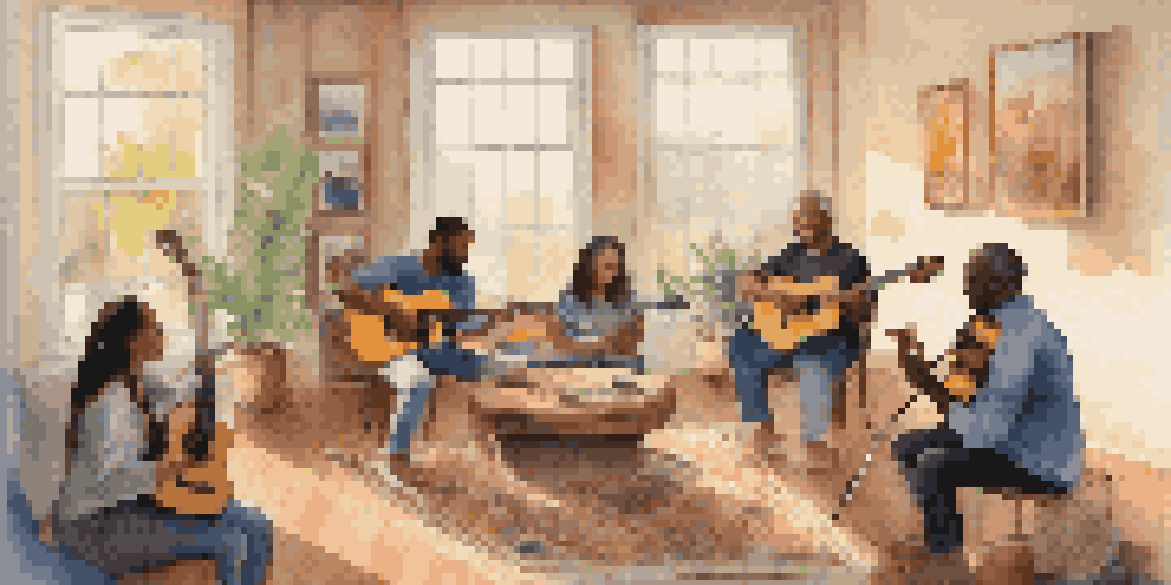 A diverse group of individuals participating in a music therapy session, surrounded by musical instruments in a cozy room filled with soft natural light and vibrant artwork.