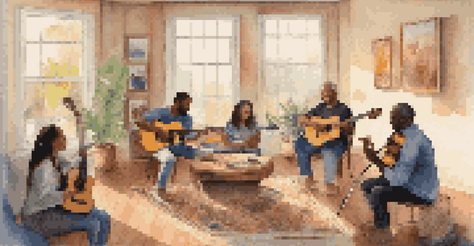 A diverse group of individuals participating in a music therapy session, surrounded by musical instruments in a cozy room filled with soft natural light and vibrant artwork.