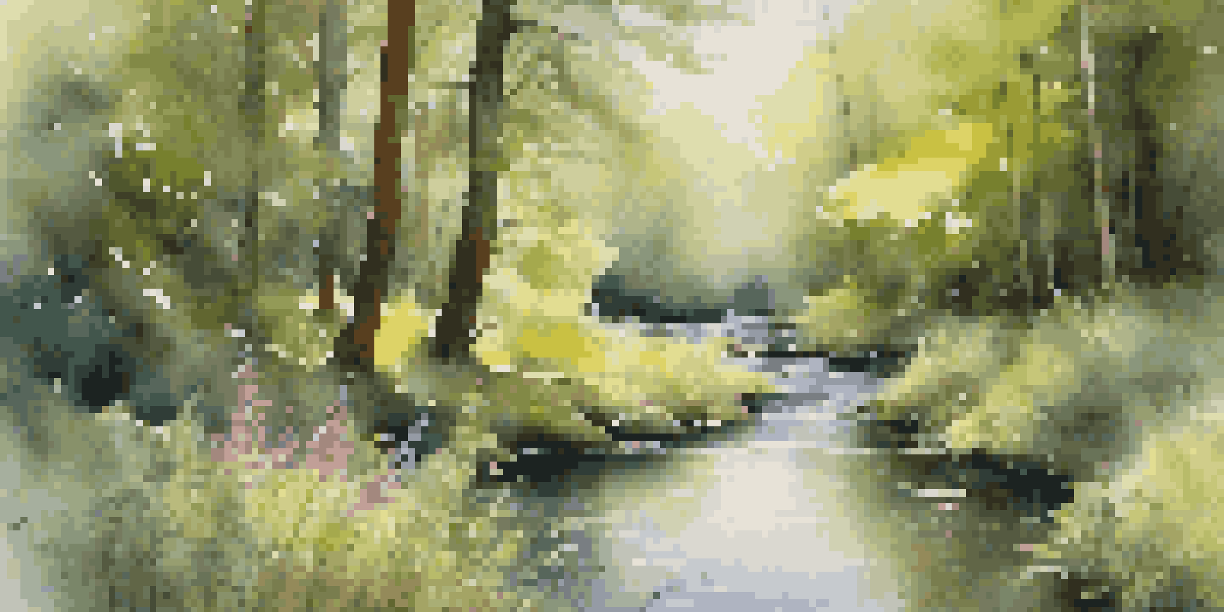 A peaceful forest with sunlight through trees and a gentle stream.