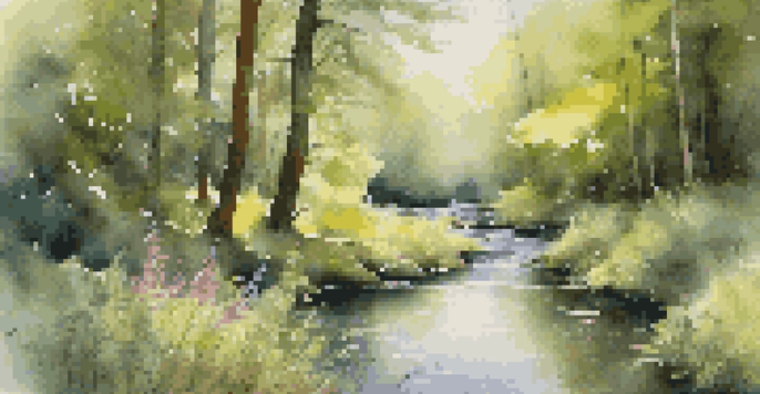 A peaceful forest with sunlight through trees and a gentle stream.