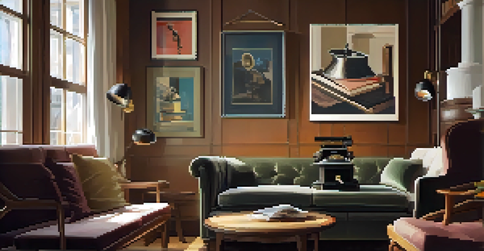 A vintage phonograph in a cozy living room with warm sunlight, framed musician posters, and a cup of tea.
