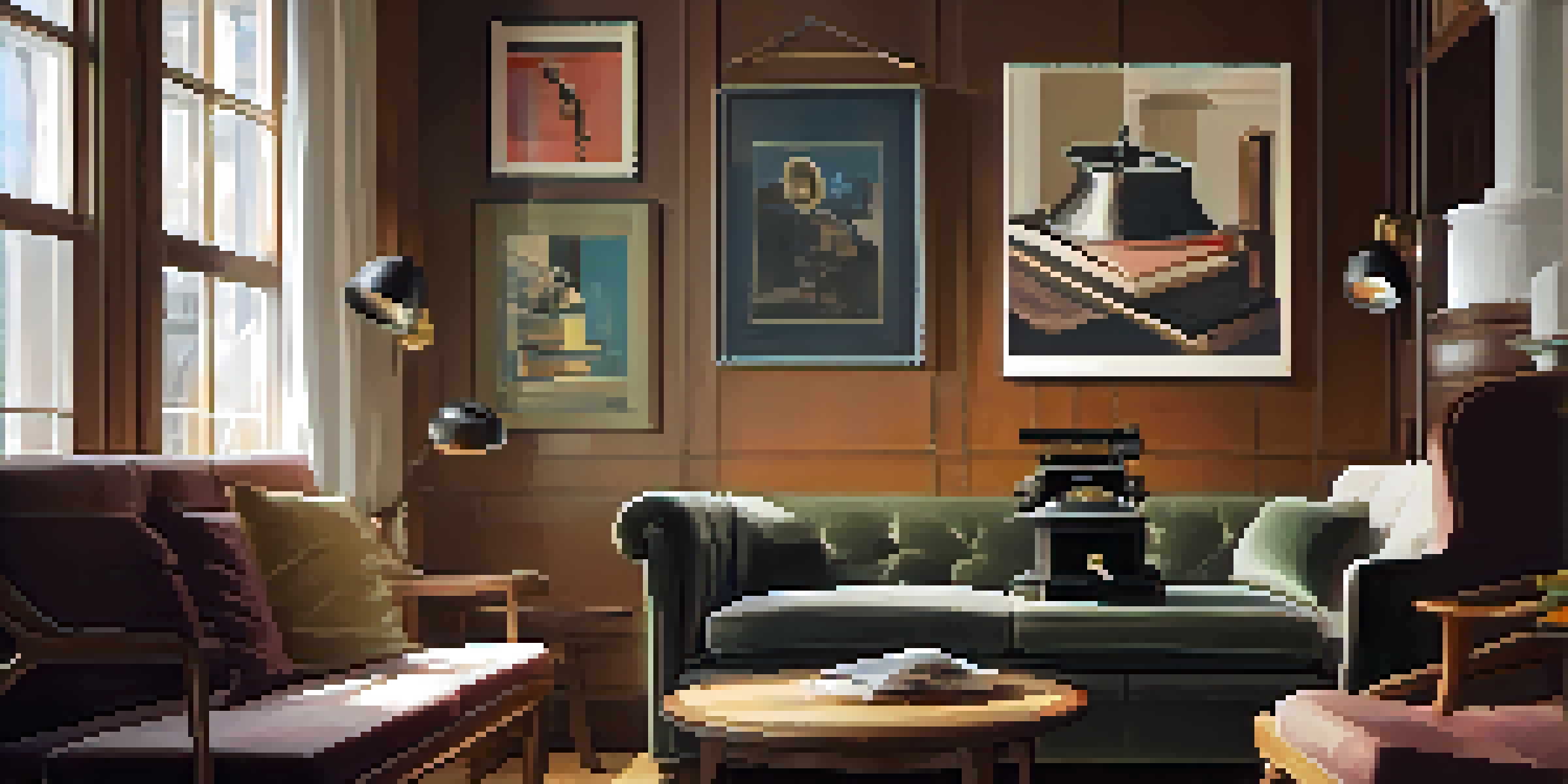 A vintage phonograph in a cozy living room with warm sunlight, framed musician posters, and a cup of tea.