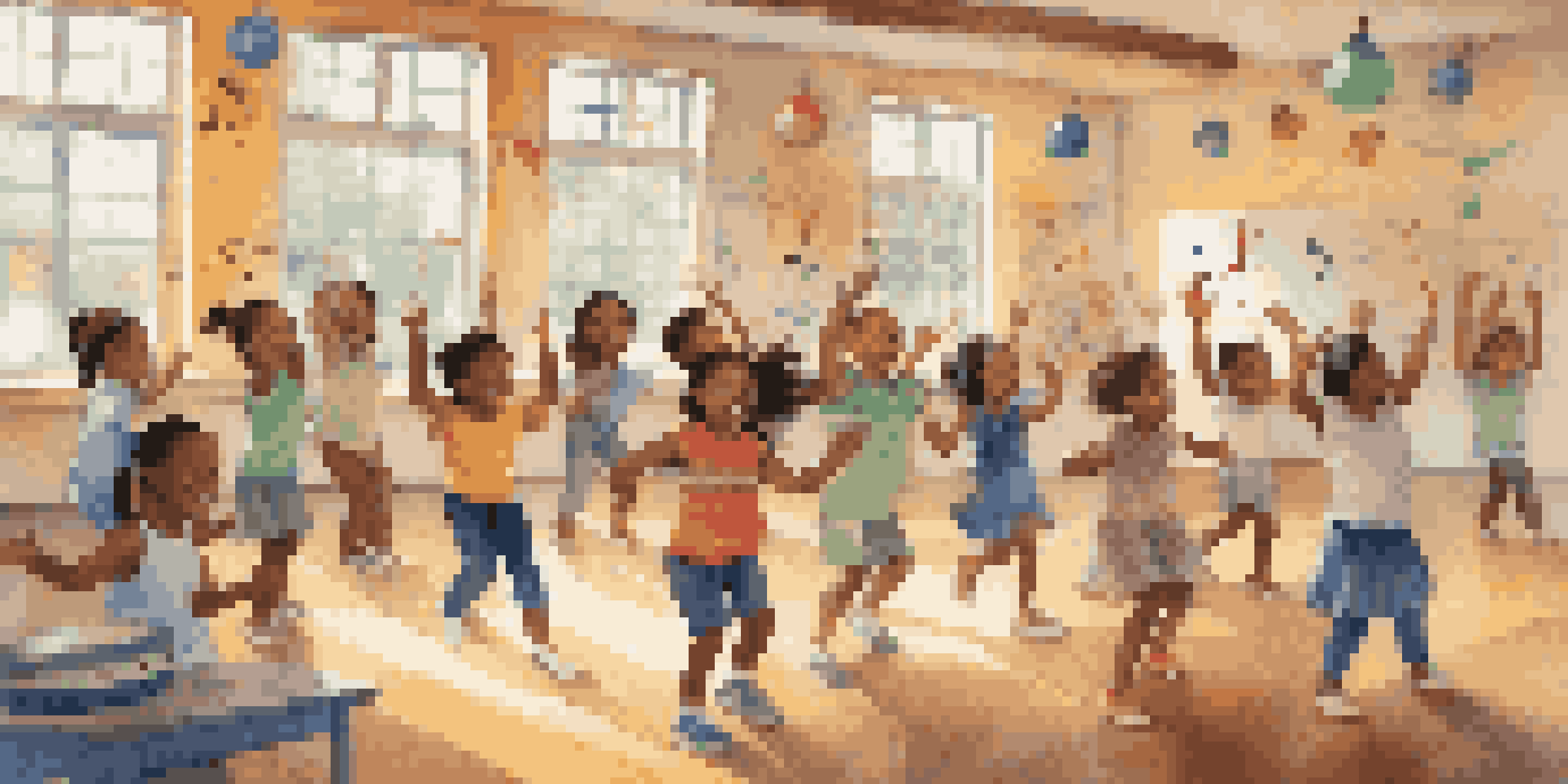 A lively classroom with children dancing and playing musical instruments, enjoying rhythmic music activities.