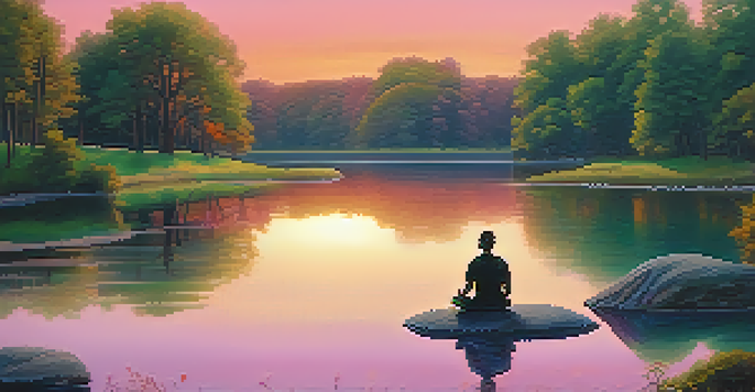 A person meditating by a tranquil lake at sunset, surrounded by greenery.