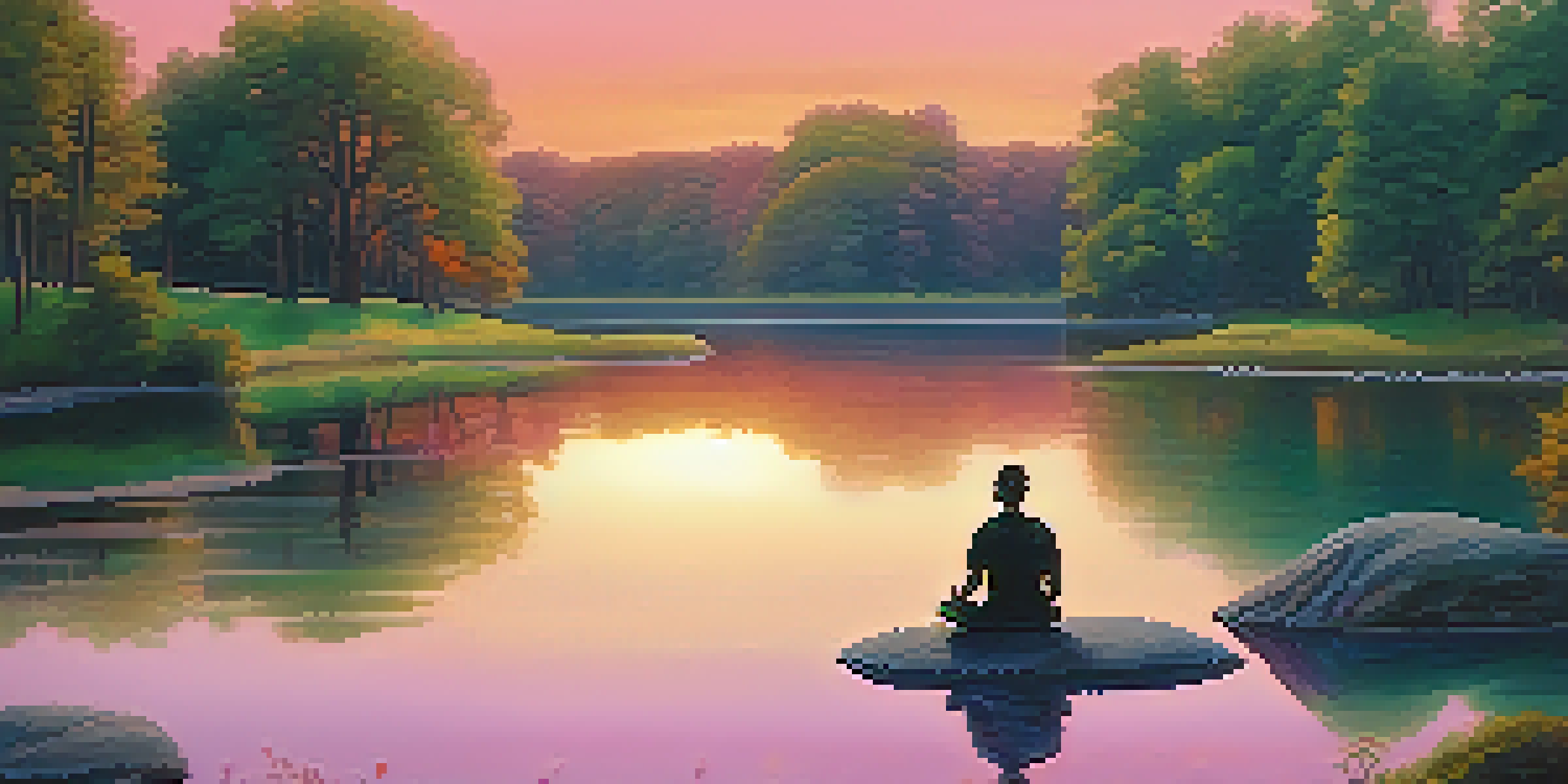 A person meditating by a tranquil lake at sunset, surrounded by greenery.