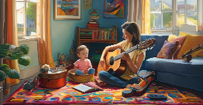 A parent and child in a cozy living room singing and playing musical instruments together, creating a warm and joyful atmosphere.