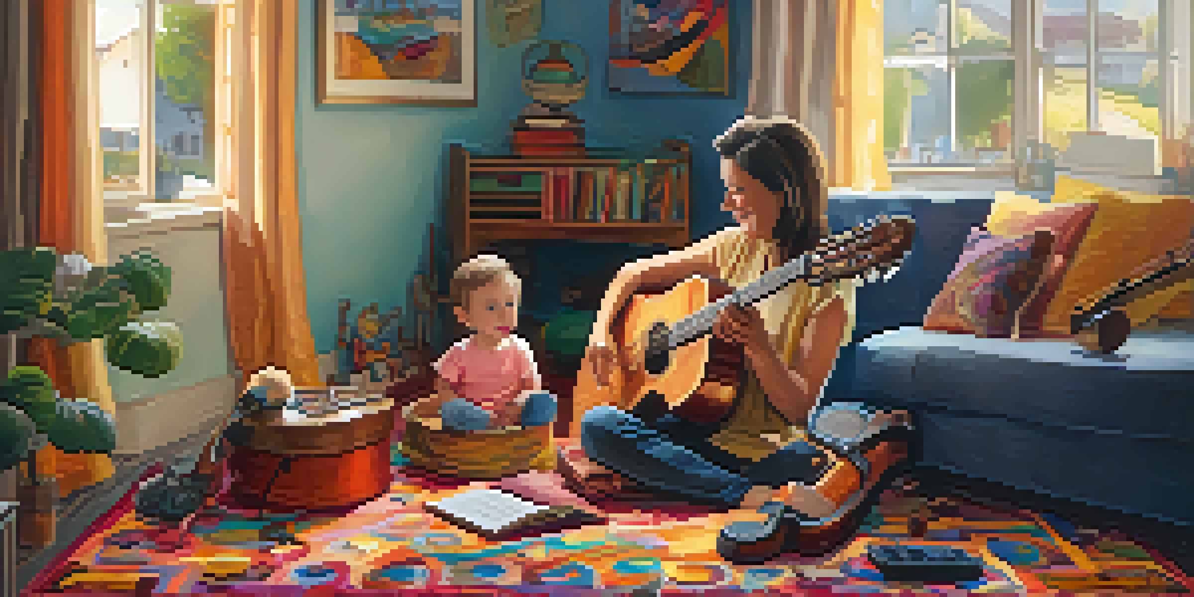 A parent and child in a cozy living room singing and playing musical instruments together, creating a warm and joyful atmosphere.