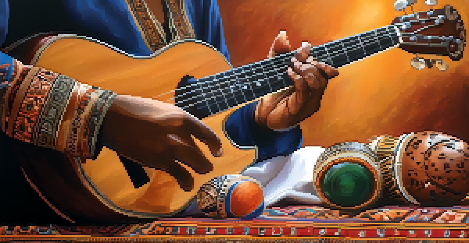 Close-up of hands playing various musical instruments, including a sitar, djembe, and guitar, with warm lighting in the background.